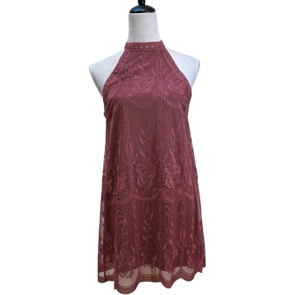 Cloud Ten Floral Lace Halter Dress Women Small Mauve Good Boho Embroidered